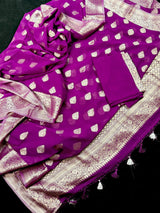 Statement Purple Color Banarasi Semi Chiffon Georgette Silk Saree with Muted Gold Sliver Zari Weave - Kaash