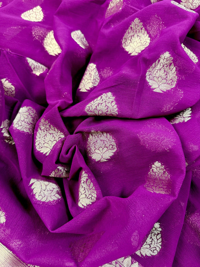Statement Purple Color Banarasi Semi Chiffon Georgette Silk Saree with Muted Gold Sliver Zari Weave - Kaash