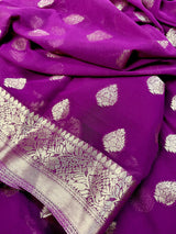 Statement Purple Color Banarasi Semi Chiffon Georgette Silk Saree with Muted Gold Sliver Zari Weave - Kaash