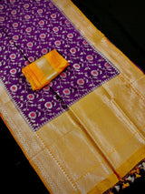 Purple with Mustard Yellow Banarasi saree in banarasi semi silk with meenakari floral jaal with mustard border — Kaash Collection