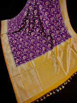 Purple with Mustard Yellow Banarasi saree in banarasi semi silk with meenakari floral jaal with mustard border — Kaash Collection