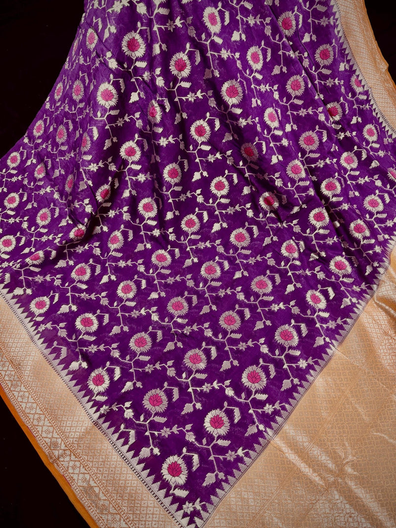 Purple with Mustard Yellow Banarasi saree in banarasi semi silk with meenakari floral jaal with mustard border — Kaash Collection