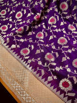Purple with Mustard Yellow Banarasi saree in banarasi semi silk with meenakari floral jaal with mustard border — Kaash Collection
