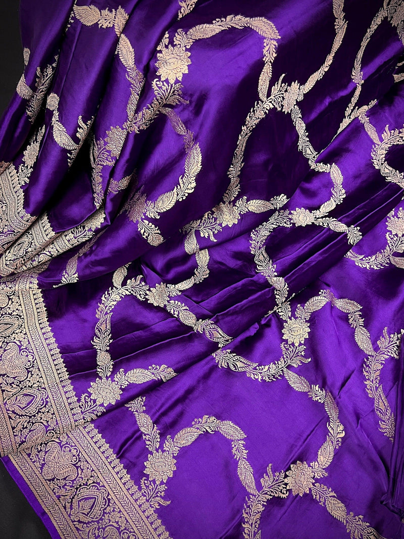 Statement Purple Color Pure Banarasi Satin Silk Saree with Handwoven Gold Zari Weaved Saree | Silk Mark Certified | Kaash Collection - Kaash