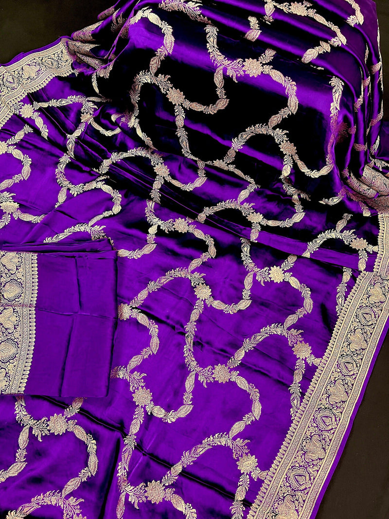 Statement Purple Color Pure Banarasi Satin Silk Saree with Handwoven Gold Zari Weaved Saree | Silk Mark Certified | Kaash Collection - Kaash