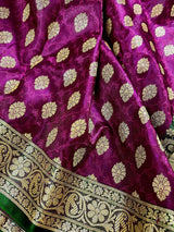 Purple with Green Borders Banarasi saree in banarasi tanchoi silk with tanchoi half-and-half with buttis — Kaash Collection
