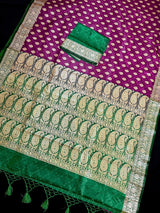 Purple with Green Borders Banarasi saree in banarasi tanchoi silk with tanchoi half-and-half with buttis — Kaash Collection