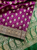 Purple with Green Borders Banarasi saree in banarasi tanchoi silk with tanchoi half-and-half with buttis — Kaash Collection