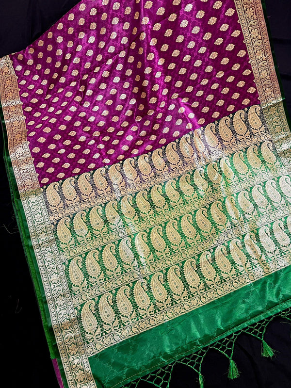 Statement Purple with Green Borders Banarasi Tanchoi Silk Handloom Saree | Zari Weaving with Motifs - Kaash