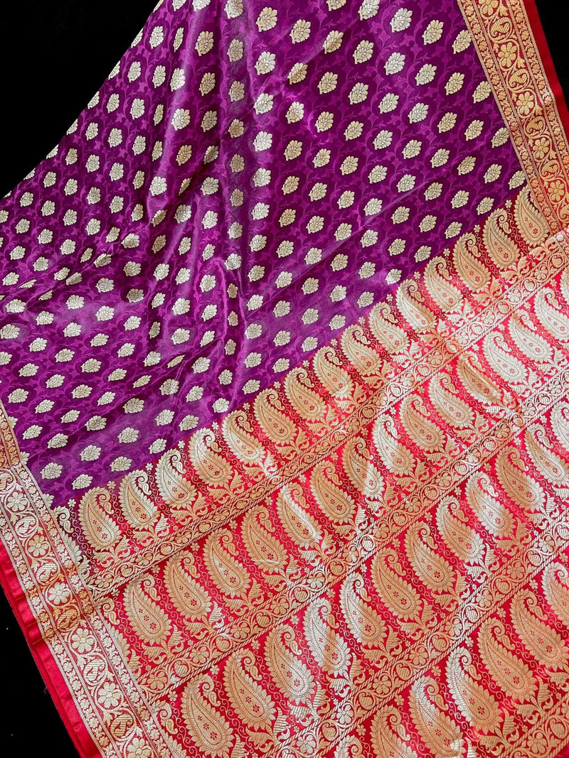 Purple with Red Banarasi saree in banarasi tanchoi silk with tanchoi half-and-half with buttis — Kaash Collection