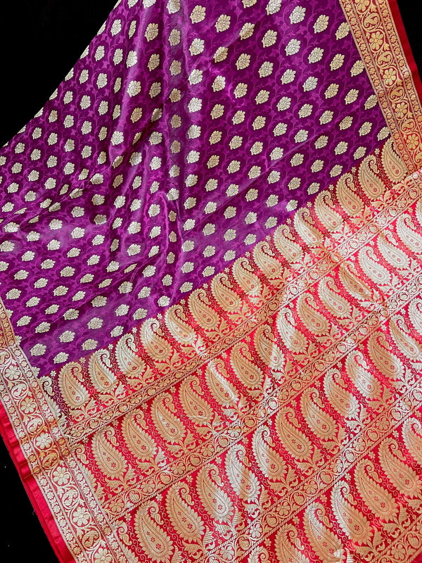 Statement Purple with Red Banarasi Tanchoi Silk Handloom Saree | Zari Weaving with Motifs - Kaash