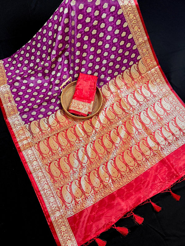 Statement Purple with Red Banarasi Tanchoi Silk Handloom Saree | Zari Weaving with Motifs - Kaash