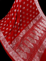 Bright Red Banarasi saree in mashru silk with silver zari weaving on mashru — Kaash Collection
