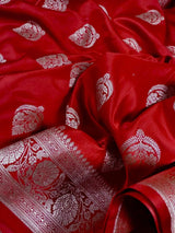 Bright Red Banarasi saree in mashru silk with silver zari weaving on mashru — Kaash Collection