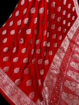 Bright Red Banarasi saree in mashru silk with silver zari weaving on mashru — Kaash Collection