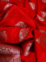 Bright Red Banarasi saree in mashru silk with silver zari weaving on mashru — Kaash Collection