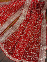 Red soft organza silk dupatta with muted gold zari, embroidery & sequin jaal — Kaash Collection