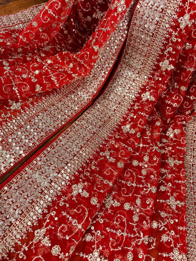 Red soft organza silk dupatta with muted gold zari, embroidery & sequin jaal — Kaash Collection