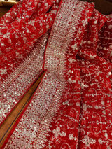 Red soft organza silk dupatta with muted gold zari, embroidery & sequin jaal — Kaash Collection