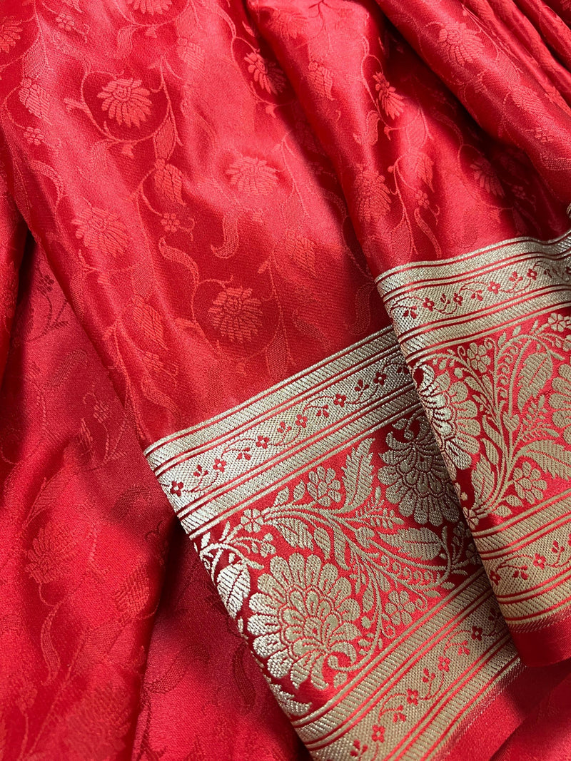 Statement Red Color Pure Banarasi Mashru Silk Saree with Tanchoi Weaving - Kaash