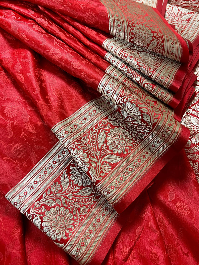 Statement Red Color Pure Banarasi Mashru Silk Saree with Tanchoi Weaving - Kaash