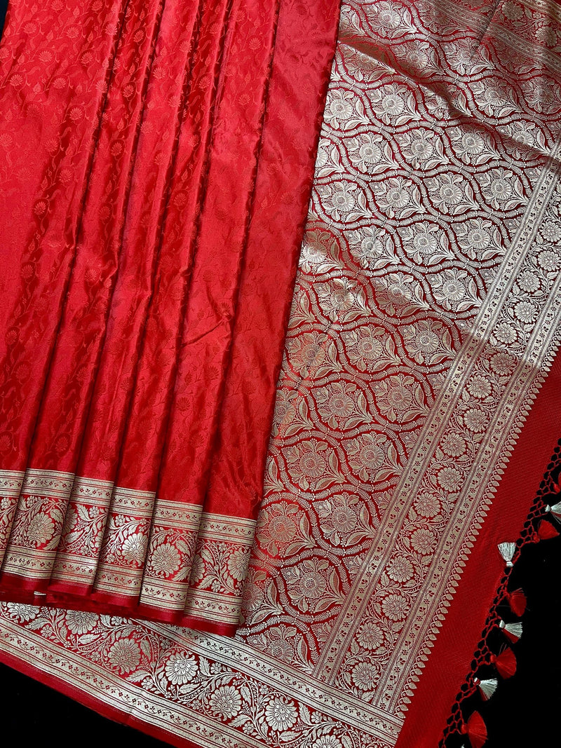 Statement Red Color Pure Banarasi Mashru Silk Saree with Tanchoi Weaving - Kaash