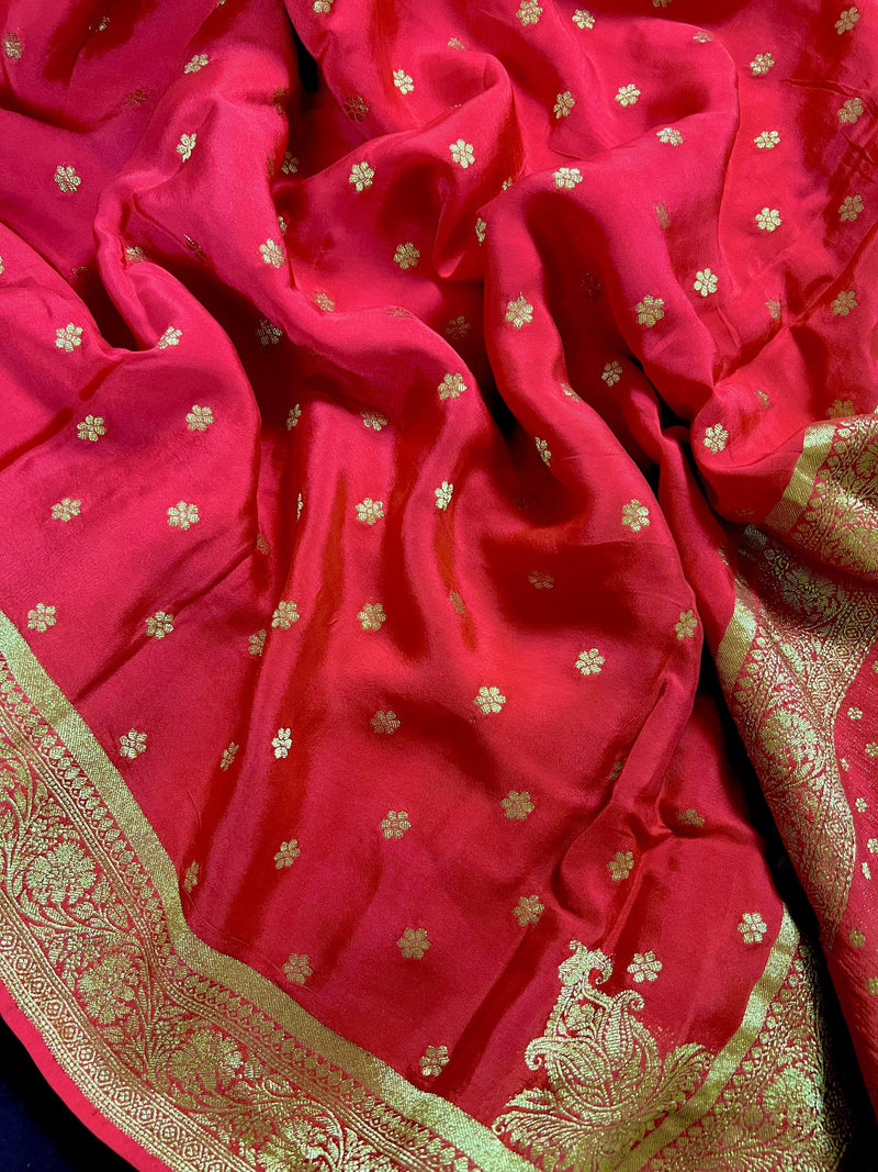Statement Red Color Pure Crepe Silk Saree with Koniya design | Gold Zari Weave | Silk Mark Certified | Pure Crepe Silk Sarees - Kaash