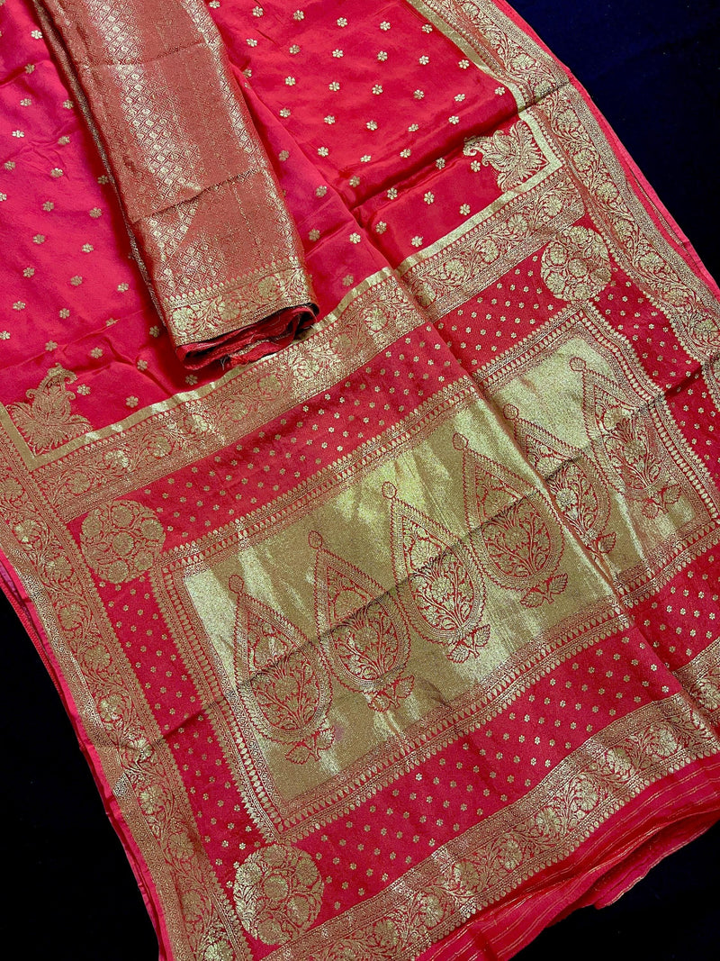 Statement Red Color Pure Crepe Silk Saree with Koniya design | Gold Zari Weave | Silk Mark Certified | Pure Crepe Silk Sarees - Kaash