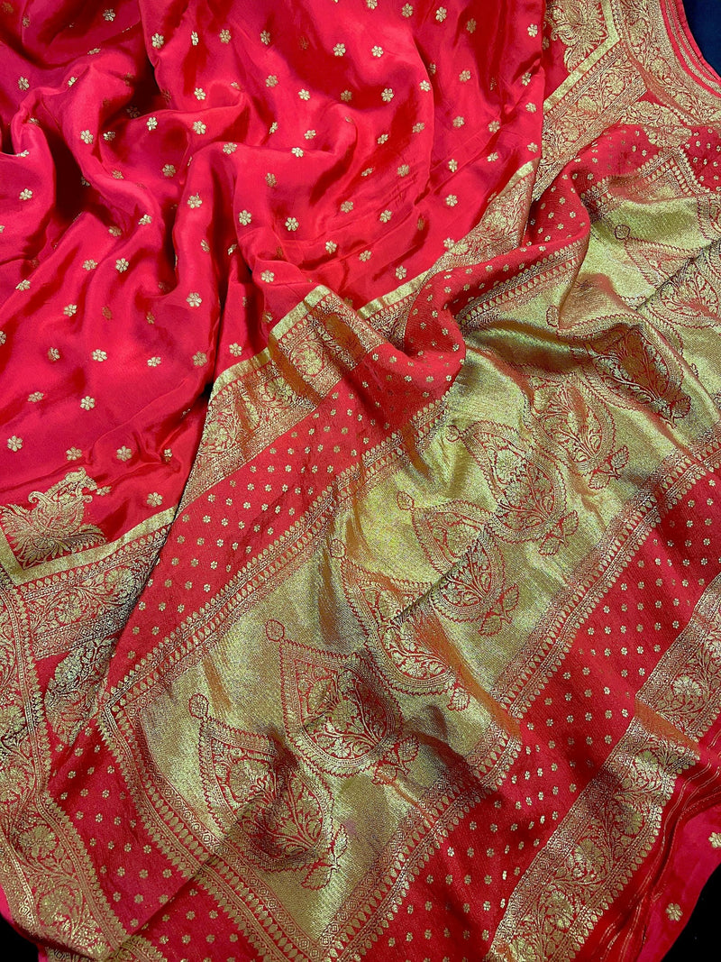 Statement Red Color Pure Crepe Silk Saree with Koniya design | Gold Zari Weave | Silk Mark Certified | Pure Crepe Silk Sarees - Kaash