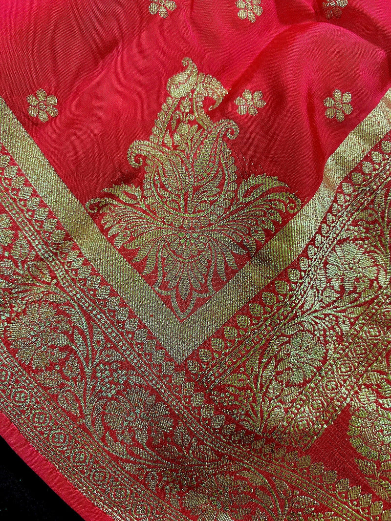 Statement Red Color Pure Crepe Silk Saree with Koniya design | Gold Zari Weave | Silk Mark Certified | Pure Crepe Silk Sarees - Kaash