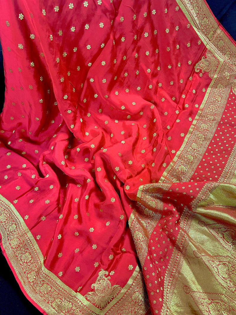 Statement Red Color Pure Crepe Silk Saree with Koniya design | Gold Zari Weave | Silk Mark Certified | Pure Crepe Silk Sarees - Kaash