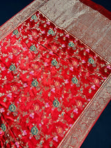 Statement Red Color Pure Satin Silk Saree with Handwoven Floral Meenakari Floral Jaal Weave - Kaash