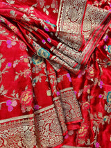 Statement Red Color Pure Satin Silk Saree with Handwoven Floral Meenakari Floral Jaal Weave - Kaash