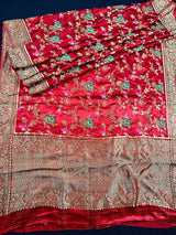 Statement Red Color Pure Satin Silk Saree with Handwoven Floral Meenakari Floral Jaal Weave - Kaash