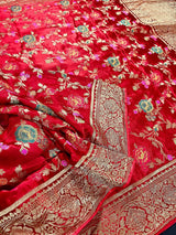 Statement Red Color Pure Satin Silk Saree with Handwoven Floral Meenakari Floral Jaal Weave - Kaash