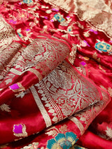 Statement Red Color Pure Satin Silk Saree with Handwoven Floral Meenakari Floral Jaal Weave - Kaash
