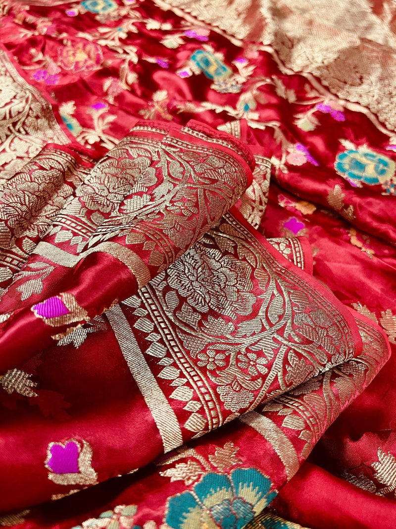 Statement Red Color Pure Satin Silk Saree with Handwoven Floral Meenakari Floral Jaal Weave - Kaash