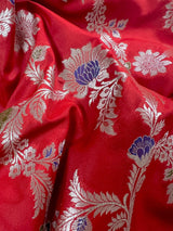 Red Banarasi saree in banarasi soft silk (not pure) with silver zari jaal weave with meenakari — Kaash Collection