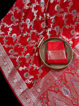 Red Banarasi saree in banarasi soft silk (not pure) with silver zari jaal weave with meenakari — Kaash Collection