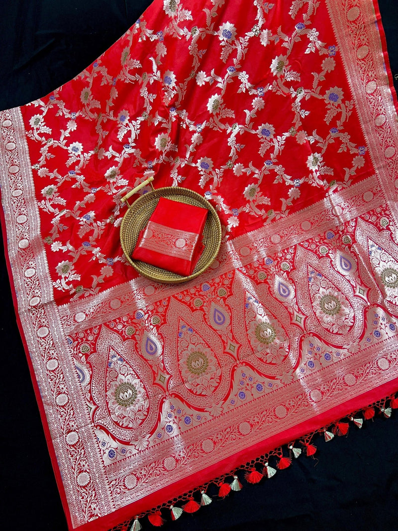 Red Banarasi saree in banarasi soft silk (not pure) with silver zari jaal weave with meenakari — Kaash Collection