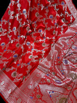 Red Banarasi saree in banarasi soft silk (not pure) with silver zari jaal weave with meenakari — Kaash Collection