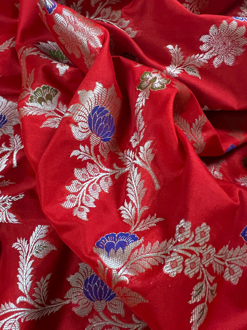 Statement Red Saree with Jaal Weave Banarasi Butter Soft Silk in Sliver Zari with Floral Design with Meenakari - Kaash