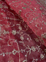 Deep Rose Pink soft organza silk dupatta with muted gold zari, embroidery & sequin — Kaash Collection