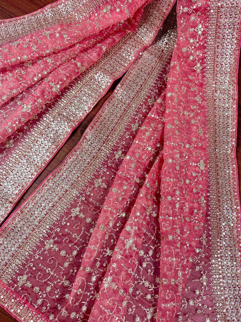 Deep Rose Pink soft organza silk dupatta with muted gold zari, embroidery & sequin — Kaash Collection
