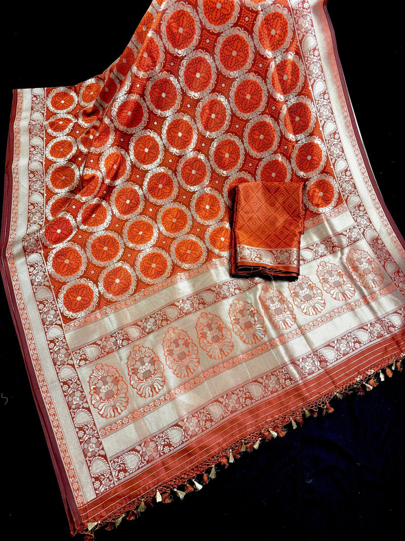 Rust & Burnt Orange Banarasi saree in banarasi silk with muted gold zari with burnt orange tones — Kaash Collection