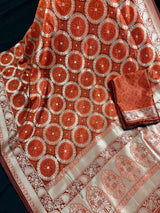 Rust & Burnt Orange Banarasi saree in banarasi silk with muted gold zari with burnt orange tones — Kaash Collection