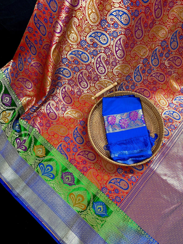 Statement Saree in Red Color - Banarasi Jaal Saree with Meenakari in Parsley Pattern in Multi Color - Kaash