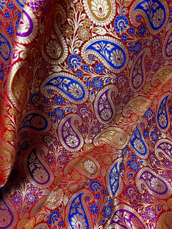 Statement Saree in Red Color - Banarasi Jaal Saree with Meenakari in Parsley Pattern in Multi Color - Kaash