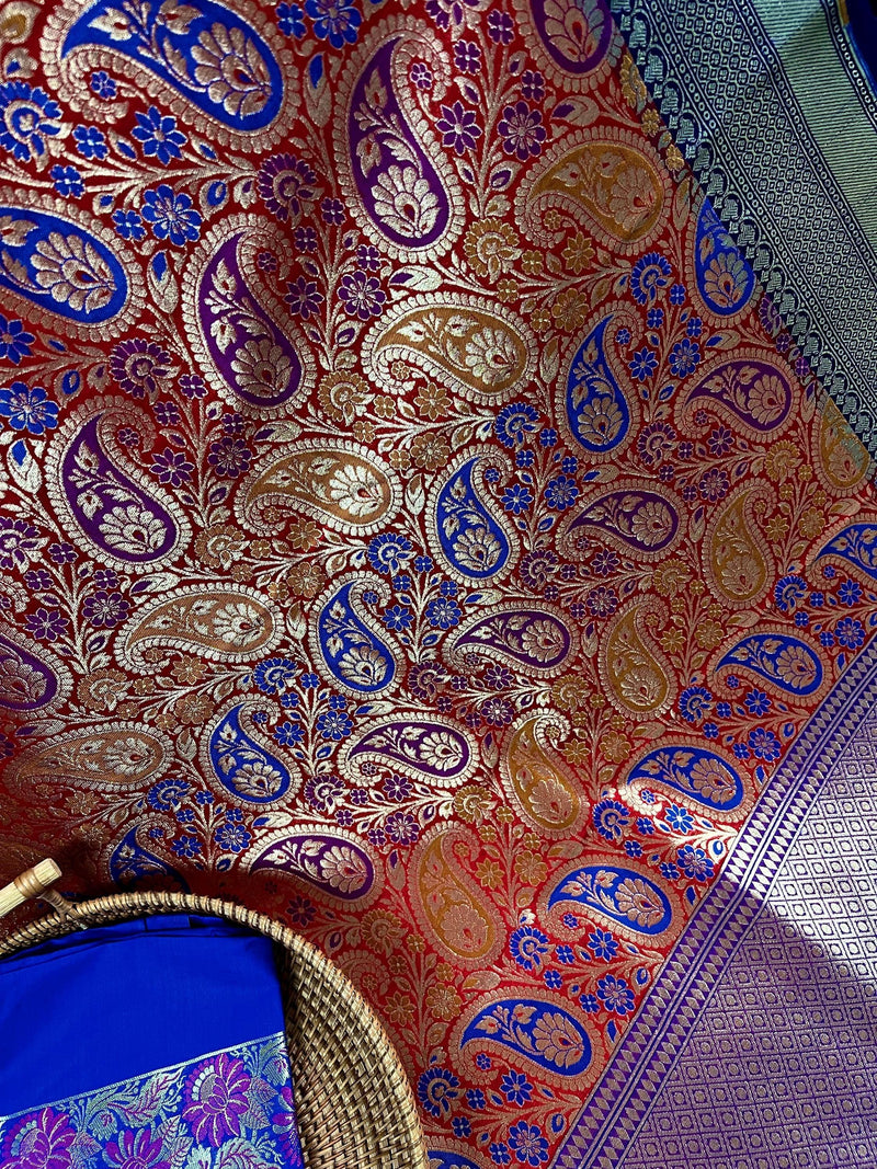 Statement Saree in Red Color - Banarasi Jaal Saree with Meenakari in Parsley Pattern in Multi Color - Kaash