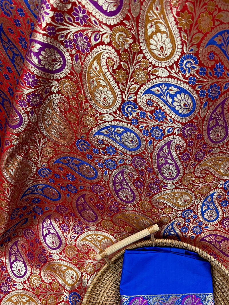 Statement Saree in Red Color - Banarasi Jaal Saree with Meenakari in Parsley Pattern in Multi Color - Kaash